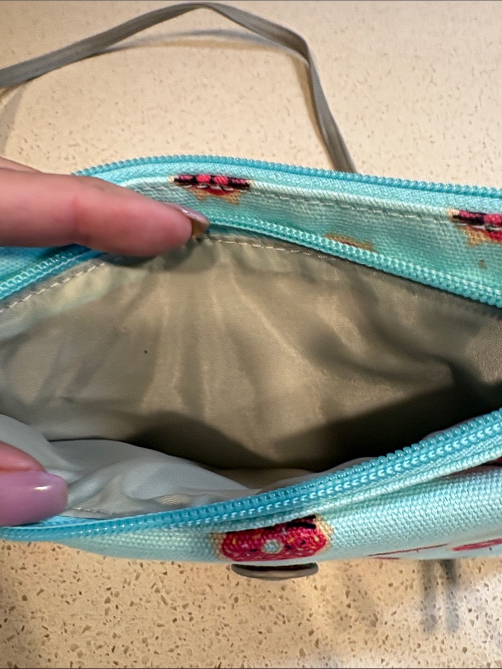 Mint Green Canvas Clutch/Crossbody W/ Kitty Donut Print & Donut socks Both New! - Picture 8 of 10